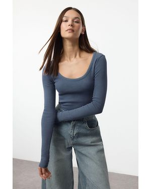 Trendyol Bluse Aus Baumwolle Mit Poolkragen Und Kordel - Blau
