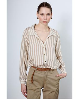 My Blog Khakifarbenes Gestreiftes Hemd Mit Goldenen Knöpfen – 4966 Für Damen - Natur