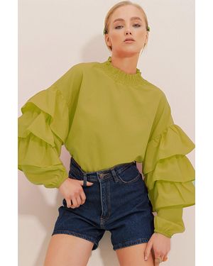 Trend Alaçatı Stili Ölgrüne Rollkragenbluse Mit Gefalteten Ärmeln Und Gewebter Bluse Für Damen - Gelb