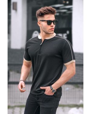 Madmext Schwarzes T-Shirt Aus Gekämmter Baumwolle Mit Reißverschlusskragen Für Herren - Grau