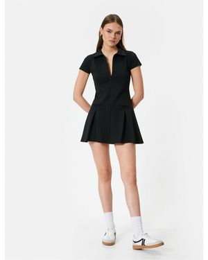Koton Mini-Plissee-Kleid Polokragen Reißverschluss Kurzarm Taschendetails Slim Fit Für Damen - Schwarz