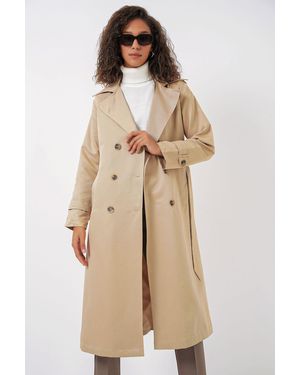 Bigdart Beigefarbener, Zweireihiger, Langer Trenchcoat Modell 5940 Für Damen - Natur