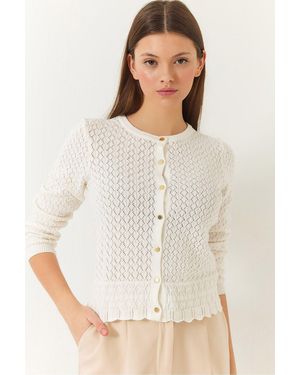 Bianco Lucci Strickjacke Mit Durchbrochenem Knopfverschluss Und Langen Ärmeln Für Damen - Weiß