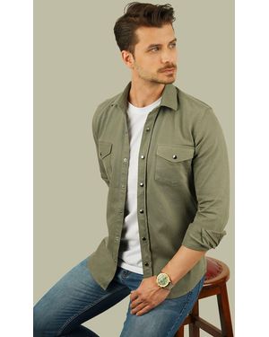 Etikmen Khakifarbenes Slimfit-Hemd Aus Echtem Denim Für Herren - Grün