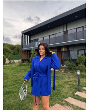 ZF BUTİK Design Oversized Blazer Jacke Mit Krawatte Für Damen - Blau