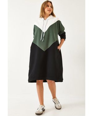 Bianco Lucci Farbblock-Kapuzenkleid Mit V-Ausschnitt Für Damen - Schwarz