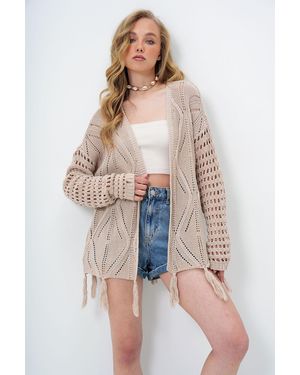 Trend Alaçatı Stili Beigefarbener Rock Mit Schmetterlingsmotiv Und Quasten, Ethnischer Häkel-Cardigan Für Damen - Natur