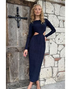Trend Alaçatı Stili Marineblaues Selbststrukturiertes Midikleid Mit Outcut-Schnitt Für Damen