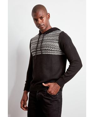 Trendyol Schwarzer, Schmaler, Ethnischer Strickpullover Mit Kapuze Für Herren