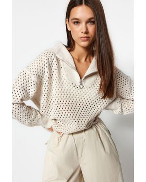 Trendyol Steinfarbener Strickpullover Mit Polokragen Und Lochmuster Für Damen - Weiß