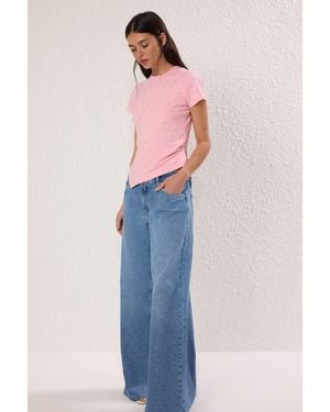 Trendyol Asymmetrisches, Figurbetontes/Figurbetontes Strick-T-Shirt Mit Steinen Für Damen - Blau