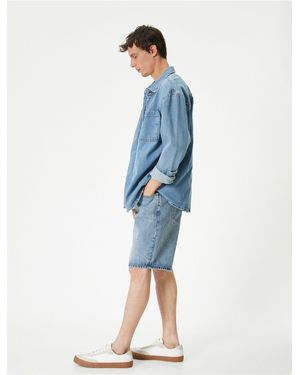 Koton Übergroße Jeansshorts Mit Geknöpftem Taschendetail Für Herren - Blau