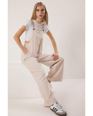 Trendyol Beigefarbener Overall Mit Knopfdetail, Quadratischem Ausschnitt Und Weitem Bein Für Damen - Natur