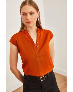 Olalook Ziegelfarbene Bluse Aus Viskose Mit V-Ausschnitt 4 Knöpfe Für Damen - Orange