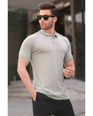 Madmext Mintgrünes Besticktes T-Shirt Mit Polokragen Und Normaler Passform Für Herren - Grau