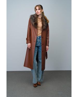 Olcay Trenchcoat Aus Leder Mit Abnehmbarem Pelzkragen Und Gürtel An Der Taille Taba Für Damen - Grau