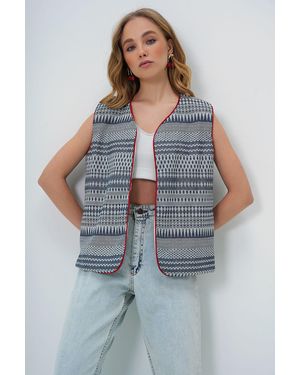 Trend Alaçatı Stili Marineblaue Weste Mit Paspelierung Und Ethnischem Muster, Gewebt Für Damen