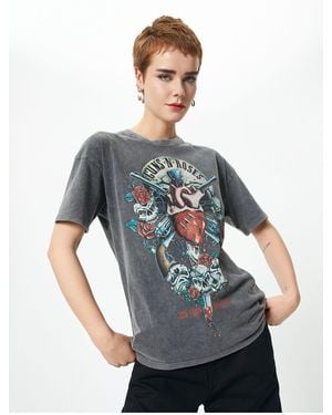 Koton Guns N' Roses T-Shirt, Lizenziertes Rundhals-Baumwoll-T-Shirt Mit Bequemer Passform Für Damen - Grau