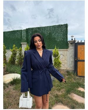 ZF BUTİK Design Oversized Blazer Jacke Mit Krawatte Für Damen - Blau