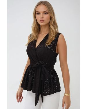 Trend Alaçatı Stili Schwarze Bluse Mit Zweireihigem Kragen Und Güpüre-Bluse Mit Volant Und Güpüre-Bluse Für Damen