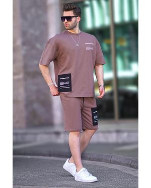 Madmext Braunes Bedrucktes Shorts-Set Mit Rundhalsausschnitt Für Herren - Grau