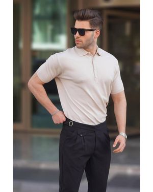 Madmext Steinfarbenes, Einfarbiges T-Shirt Mit Polokragen Für Herren - Natur