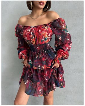 BEJNA Burgunderrotes Chiffonkleid Mit Gemustertem Rock Mit Quadratischem Kragen Und Lagenfutter Für Damen