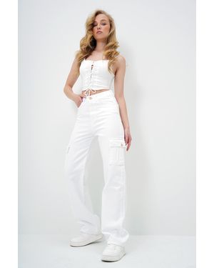 Trend Alaçatı Stili Weiße Cargo-Taschen-Jeanshose Für Damen