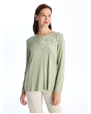 LC Waikiki Gemusterte, Langärmlige Bluse Mit Rundhalsausschnitt Für Damen - Grün