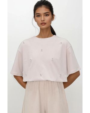 Trend Alaçatı Stili T-Shirt Mit Steinfahrradkragen, Übergröße, Perlen- Und Steinstickerei Für Damen - Natur