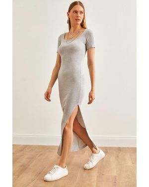 Olalook Graues, Dehnbares Maxikleid Mit Quadratischem Ausschnitt Und Seitlichem Schlitz Für Damen - Natur
