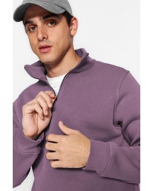Trendyol Fleece-Baumwoll-Sweatshirt – Stehkragen, Reißverschluss Für Herren - Lila
