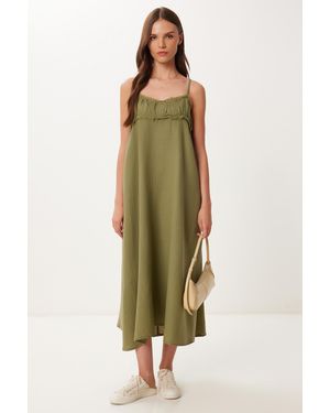 Happiness İstanbul Khakifarbenes Sommer-Musselin-Kleid Mit Quastenträgern Für Damen - Grün