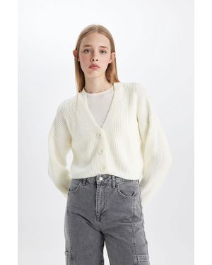 Defacto Strickjacke Mit V-Ausschnitt Und Normaler Passform Für Damen - Weiß