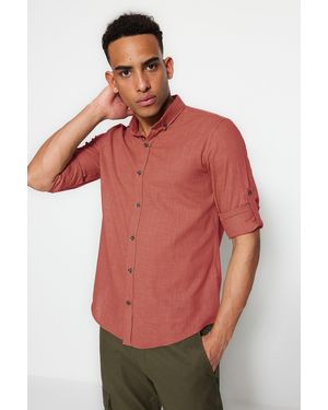 Trendyol Dried Rose Slim Fit Hemd Mit Epauletten – Lange Ärmel, Knopfkragen Für Herren - Rot