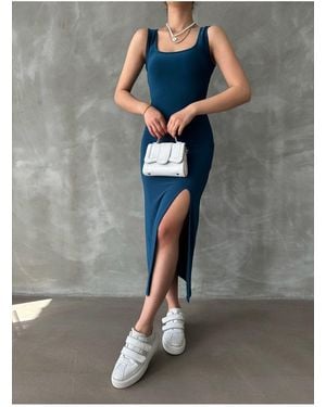BEJNA Marineblaues, Dehnbares Kleid Mit Quadratischem Ausschnitt Und Schlitz Für Damen - Grau
