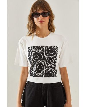 Bianco Lucci Gemustertes Basic T-Shirt Kurzarm Für Damen - Weiß