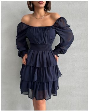 BEJNA Marineblaues Gipeli-Rock-Chiffonkleid Mit Mehrlagigem Futter Für Damen