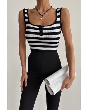My Blog Weißes, Geknöpftes, Gestreiftes Crop-Tanktop Für Damen - Schwarz