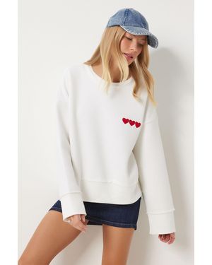 Happiness İstanbul Ecrufarbenes Sweatshirt Mit Herz-Stickerei – Für Damen - Weiß