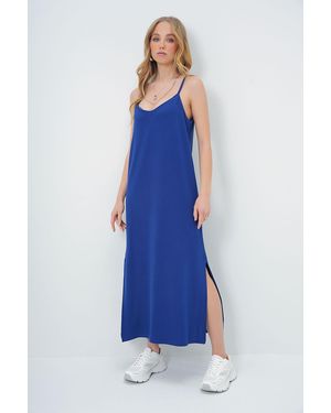 Trend Alaçatı Stili Marineblaues, Gestricktes Sommerkleid Mit Seilträgern Und Schlitz Für Damen