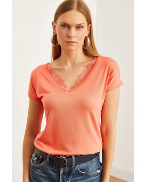 Olalook Melonengemusterte Bluse Aus Spitze Lockere Viskose, Kragen Innen Blz- 19000873 Für Damen - Orange