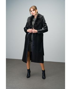 Olcay Schwarzer Leder-Trenchcoat Abnehmbare Taille Mit Abnehmbarem Kragen Und Gürtel Für Damen - Grau