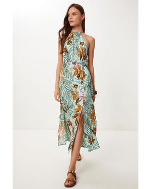 Happiness İstanbul Wassergrünes, Hellbraunes, Gemustertes Midi-Viskosekleid Mit Neckholder Für Damen
