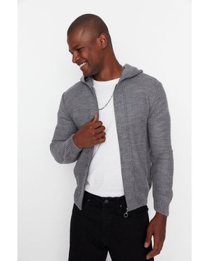 Trendyol Graue, Strukturierte Strickjacke Mit Kapuze Und Reißverschluss