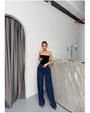 BEJNA Marineblaue Hose Aus Satin Mit Leopardenmuster Für Damen - Mehrfarbig