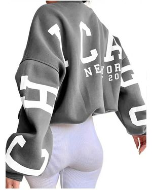 Know Sweatshirt Mit 3 Fäden, Geräucherten Ärmeln, Chicago-Aufdruck, Oversize-Rundhalsausschnitt Für Damen - Schwarz
