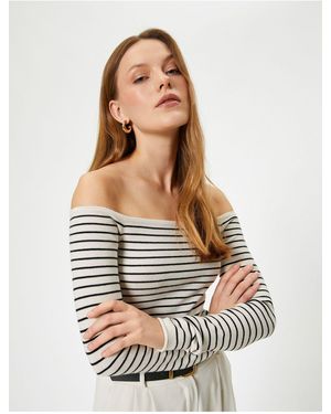 Koton Langärmliger, Schulterfreier, Gestreifter Strickpullover Mit U-Boot-Ausschnitt Für Damen - Weiß