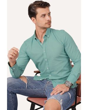 Etikmen Leinen Slimfit Hemd Mit Mintkragen Und Knopfleiste, Mit Geschenkbox Für Herren - Grün