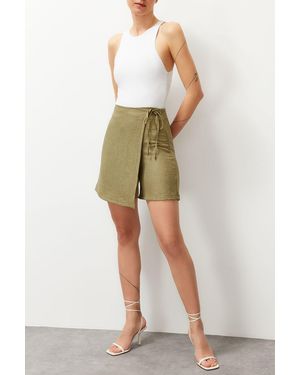 Edit by Trendyol Ölgrüner Leinen-Look Mit Seitlicher Schnürung, Gewebter Shorts-Rock Für Damen